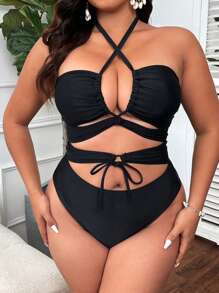 Swim SXY Plus Size Bãi biển mùa hè Cutout Crisscross Tie Front Halter Neck Áo tắm một mảnh - màu đen - Xem 5
