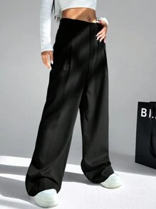 SHEIN EZwear 秋冬女士宽松直筒西装裤 - 黑色 - 查看 5