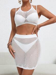 SHEIN Swim Women Beach Hollow Out Cover-Up Halter Tank Top And Skirt Set Summer