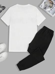 SHEIN Cottnline 100%纯棉男士拼色字母印花T恤和抽绳腰裤套装 - 彩色 - 查看 2