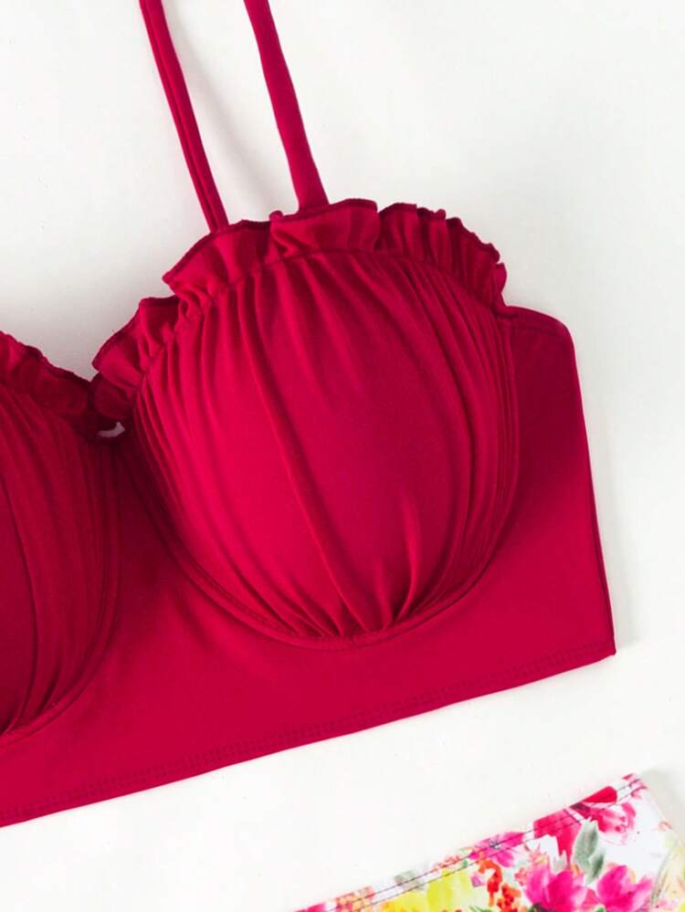 Women Swim Suit Set Plain Color Bra And Floral Print Bikini Underwear, For Summer, Beach, Swimming Pool