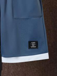 SHEIN Young Boy Patchwork Contrast Color Round Neck Short Sleeve T-Shirt And Shorts Set With Pockets - Dusty Blue - View 4