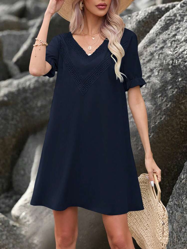 Ladies" Solid Color Simple And Elegant V-Neck Dress