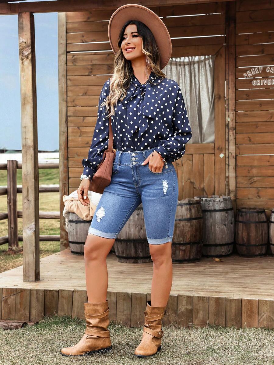 SHEIN LUNE Summer Slim Fit Distressed Denim Shorts - Light Wash - View 1