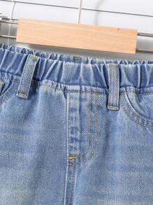 SHEIN Babyjongen Zomer Blauw Gewassen Elastische Tailleband Casual Baggy Opgestikte Zak Denim Wijde Pijpen Jeans, Babyjongen Lente En Zomer Kleding Broeken Outfits
