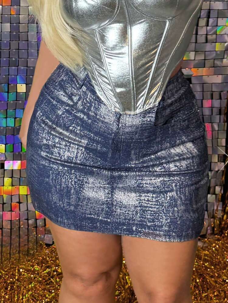 Plus Size Women's Metallic Coated Stretch Wash Contrast Rivet Silver Stretch Silver Skirt, Suitable For Summer, Dating, Leisure, Shopping, Street Wear, Going Out, Vacation, Beach, Coquettish, Easy To Match, Slimming, Body Modification