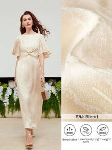 MOTF PREMIUM SILK SNAKESKIN JACQUARD FLARE SLEEVE TWIST FRONT DRESS - Apricot - View 2