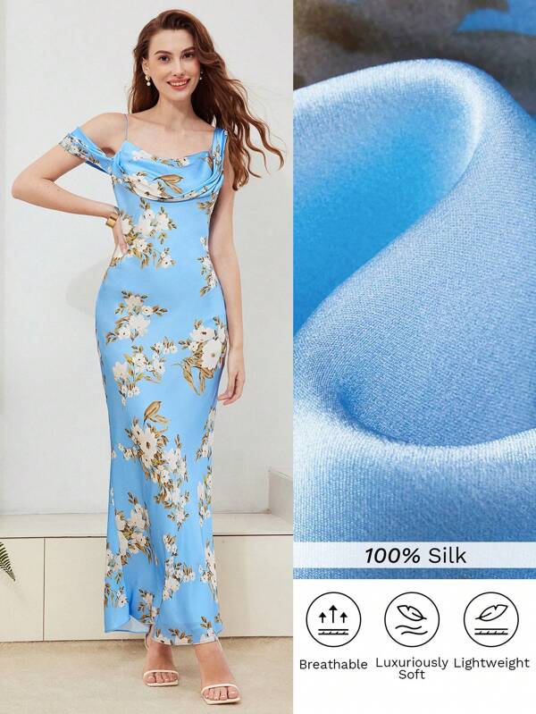 MOTF PREMIUM SILK FLORAL PRINT RUCHED ASYMMETRICAL SHOULDER DRESS