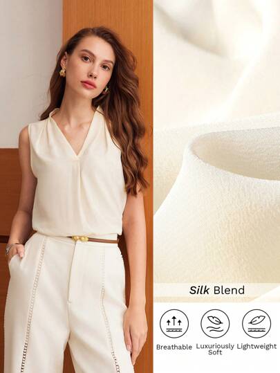 MOTF PREMIUM Blusa De Seda Sólida Sin Mangas Con Escote En V