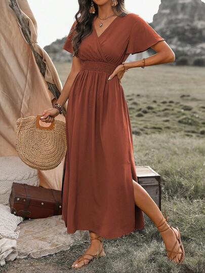 Wandoria Summer Holiday Solid Color Side Slit Drawstring Waist Long Dress Maxi Vacation Beach Outfits Women