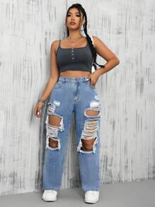 SHEIN EZwear Quần Jeans Boyfriend ống đứng rách cỡ lớn có túi xéo, thích hợp cho mùa hè - Rửa nhẹ - Xem 1