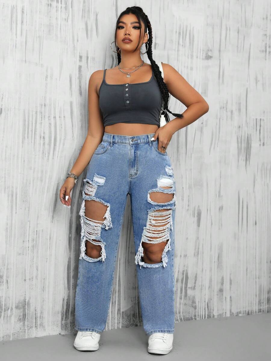 SHEIN EZwear Quần Jeans Boyfriend ống đứng rách cỡ lớn có túi xéo, thích hợp cho mùa hè - Rửa nhẹ - Xem 1