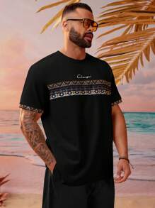 Manfinity VCAY Men Plus Size Summer Sports Leisure Knitted Geometric Printed Short Sleeve T-Shirt