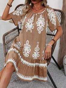 SHEIN LUNE Women's Printed Ruffle Hem Shift Dress, Summer - Multicolor - View 3