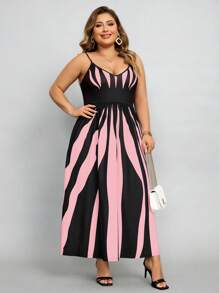 SHEIN Lady Plus Size Women Summer Fashion Pionowe Paski i Kwiatowy Nadruk Sukienka Spaghetti Strap