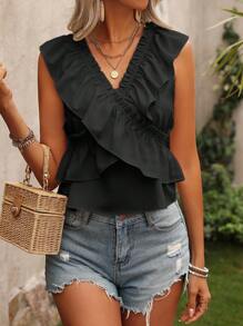 Breezaya 夏季純色荷葉邊無袖襯衫 - 黑色 - 查看 6