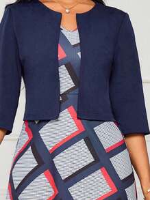 SHEIN Lady Women Full-Print Cinching Waist Dress And Open Front Jacket Two-Piece Set - Multicolor - View 7