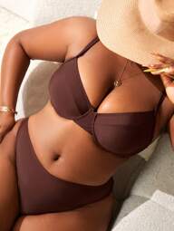 Slaydiva Conjunto de traje de baño de playa de verano de talla grande en unicolor con sujetador y bikini de fondo para vacaciones