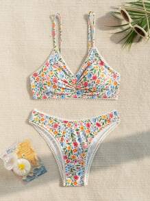 Swim Mod Women Summer Beach Holiday Floral Print Ruched Bikini Set - Multicolor - View 4