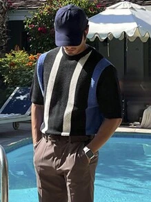 DAZY 男士顏色拼接短袖針織上衣，適用於春夏季節 - 彩色 - 查看 5