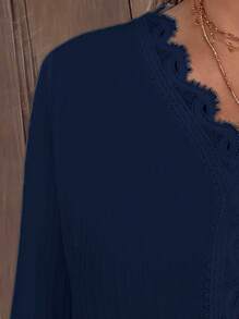 SHEIN LUNE Women's Plus Size V-Neck Solid Color Casual Shirt - Navy Blue - View 3