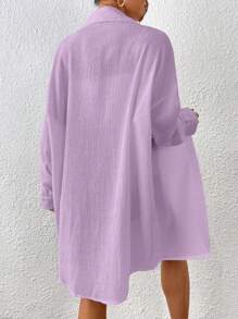 SHEIN EZwear 純色紋理下垂肩寬鬆休閒襯衫 - 紫色 - 查看 2