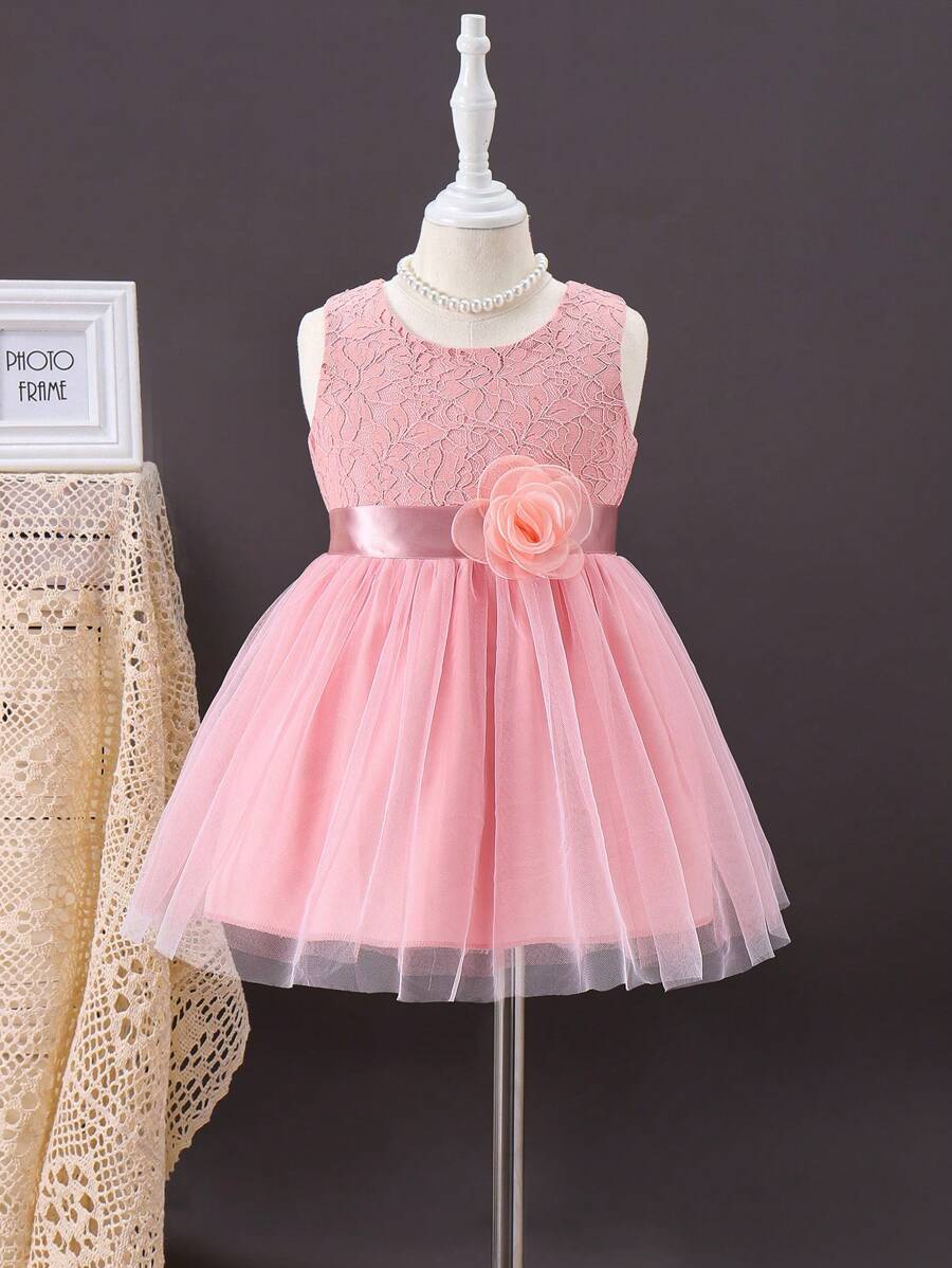 Glamorique Kids 寶貝女孩婚禮季淺粉色網紗無袖裙，3D花朵裝飾，適用於派對、夏日 - 藕粉色 - 查看 1