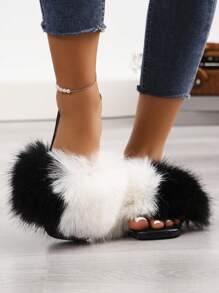 Women Fashionable And Comfortable Black Square Toe Open Toe Black And White Contrast Color Rabbit Fur Slip-On Flat Sandals, Thank You - Black and White - View 4