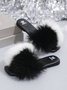 Women Fashionable And Comfortable Black Square Toe Open Toe Black And White Contrast Color Rabbit Fur Slip-On Flat Sandals, Thank You - Black and White - View 5