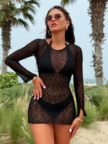 Women\ Backless See-Through Mesh Cover-Up Dress Fall Cloth For Women - Black - View 1