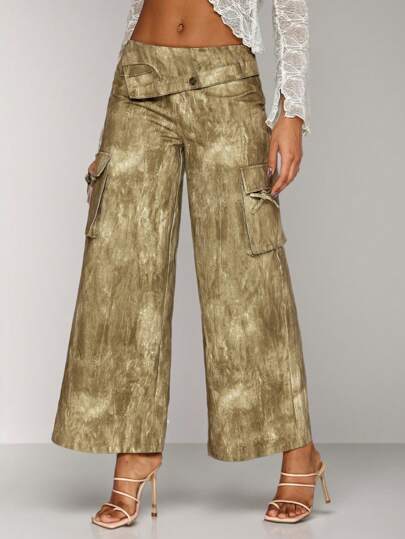 SHEIN BAE Tie-Dye Fold-Over Waist, 3d Pocket, Wide-Leg Cargo Pants Suitable For Spring/Summer Daily Wear, Street Style, Music Festival Or Holiday Party Outfits