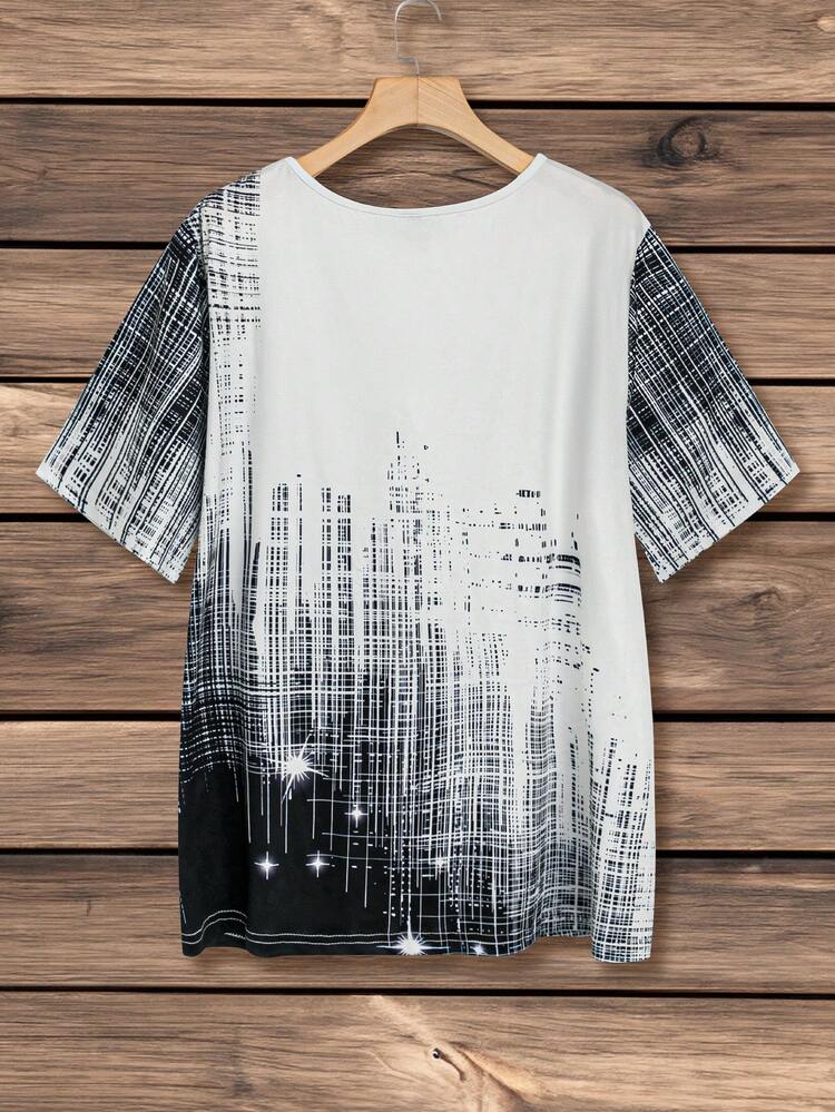 Plus Size Women'S Vintage Plaid Print Notched V-Neck Short Sleeve T-Shirt