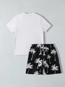 青少年男童泳衣套裝，印花定位上衣與隨機印花下著 - 黑與白 - 查看 2