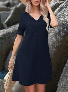 SHEIN LUNE Ladies" Solid Color Simple And Elegant V-Neck Dress - Navy Blue - View 4
