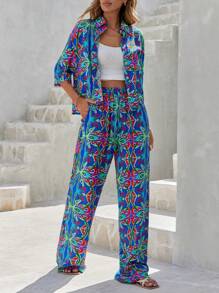 EURMUSE Patterned Folk Print Viscose Shirt & Pants Set - Multicolor - View 5