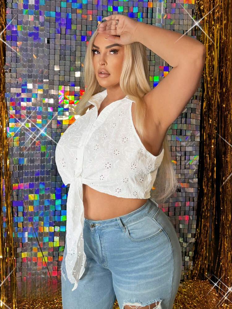 Plus Size Women's Hollow Out Embroidery Woven Fabric Non-Stretch Open Front Tie Strap Sleeveless Tank Top