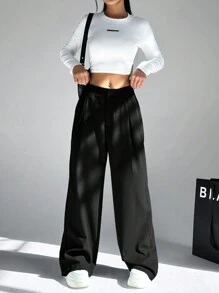 SHEIN EZwear 秋冬女士宽松直筒西装裤 - 黑色 - 查看 6