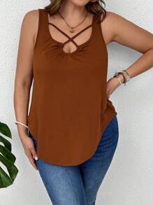 SHEIN LUNE Kích thước lớn Màu thuần Lỏng lẻo Thiết kế chéo Xu hướng: Cắt giảm Curved Hem Áo ba lỗ Cho mùa hè - màu nâu - Xem 4