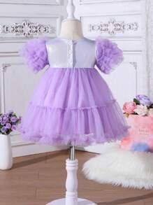 Baby Girl Patchwork Multi-Layer Mesh Ruffle Trim Decor Cute Dress - Mauve Purple - View 2