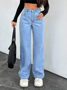 RueChic Women's Loose Fit Blue Denim Pants - Light Wash - View 1