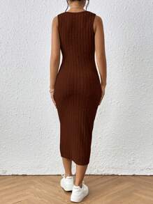 SHEIN Frenchy 實心肋編織分裂大腿緊身背心裙 - 咖啡棕 - 查看 2