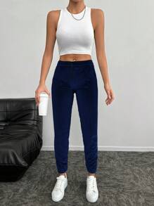 RueChic Drawstring Waist Slant Pocket Trousers - Navy Blue - View 3