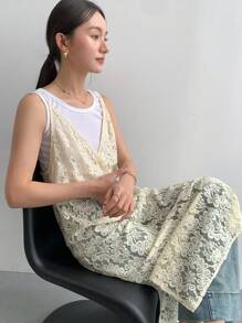 FRIFUL Đầm maxi ren mùa hè thanh lịch cổ chữ V sâu dáng rộng, đầm nữ thường ngày. - Màu be - Xem 3