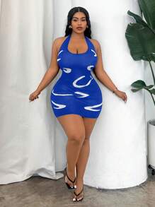 Maweii Vestido de suéter halter ajustado a la espalda sin mangas de talla grande y mini con bloque de color para vacaciones de verano