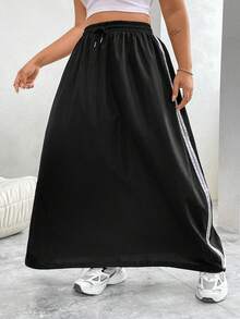 Flirla 女士實色加大尺碼拼接條紋束口裙 - 黑色 - 查看 4