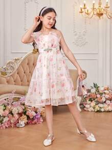 SHEIN Tween Girls' Adorable One Shoulder Asymmetric Organza Floral Print Dress With Rhinestone Detailing For Summer - Pink - View 5