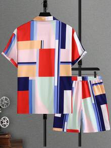 Manfinity Homme Bộ áo sơ mi ngắn tay và quần short họa tiết hình học cho nam mùa hè - Nhiều màu - Xem 2