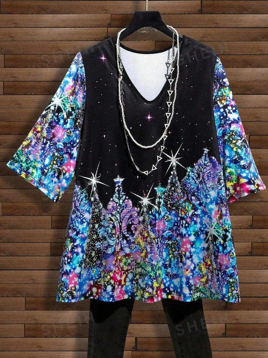 EMERY ROSE Camiseta Estampada Con Cuello En V Talla Grande