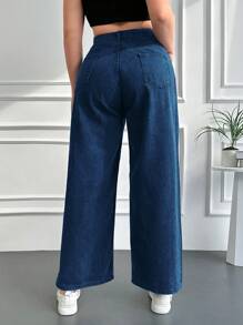 SHEIN Cottnline Plus Size Loose Fit Straight Leg Jeans With Diagonal Pockets - Dark Wash - View 2