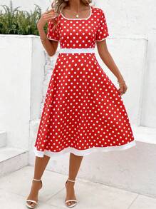 女士紅色波點方領簡約連衣裙 - 紅色 - 查看 1